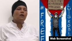 Yindra Elizástigui junto a un cartel por la libertad de su hijo, Luis Robles Elizástigui.