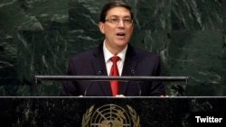 El canciller cubano Bruno Rodríguez habla ante la ONU.