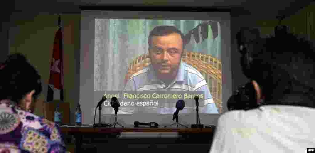 Vista de hoy, lunes 30 de julio de 2012, de una pantalla en la que se proyectaron imágenes con declaraciones del español Ángel Carromero, retenido en Cuba y quien conducía el vehículo accidentado en el que murió el opositor cubano Oswaldo Payá. Las imáge